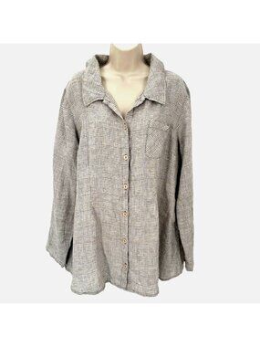 NWOT Flax Oversized Gray Brown Long Sleeve Plaid 100% Linen Button Shirt M